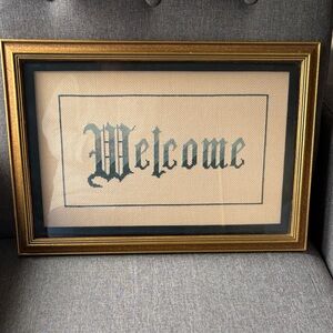 Framed Welcome Cross-stitch  in Teal and Gold